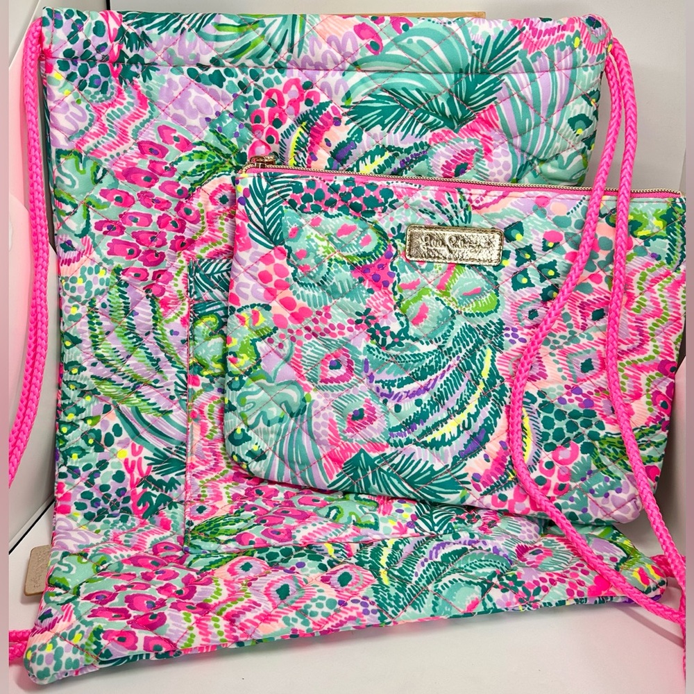 LILLY PULITZER Pink Quilted Drawstring Backpack Bag Banana Split Matching Pouch